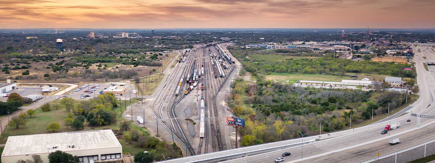 Aerial of I35 and train yard