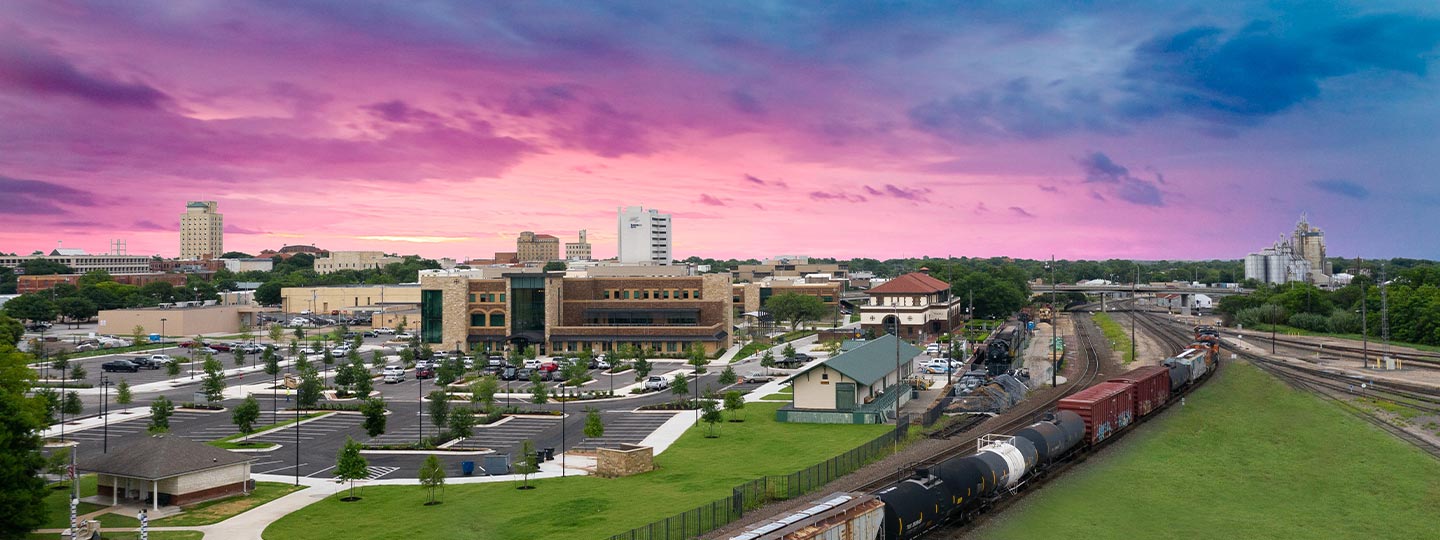 Santa Fe Depot with a sunset backdrop